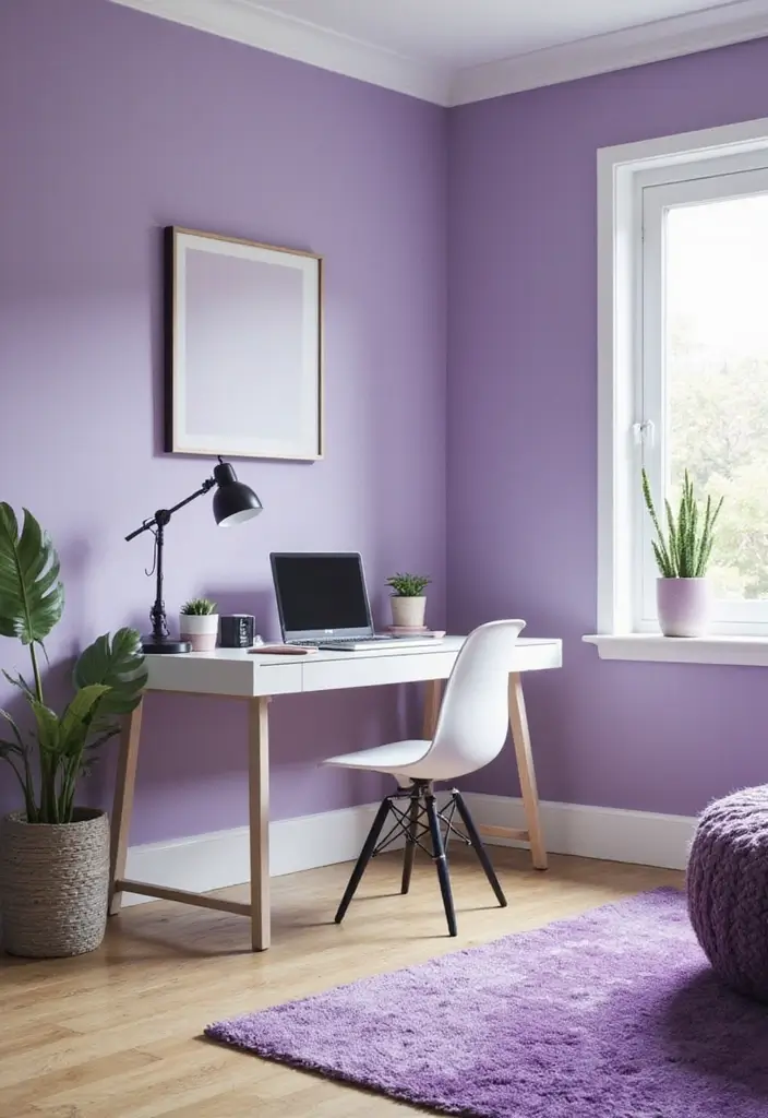 30 Purple Office Ideas for a Bold Creative Workspace - 1. Lavender Walls for Serenity