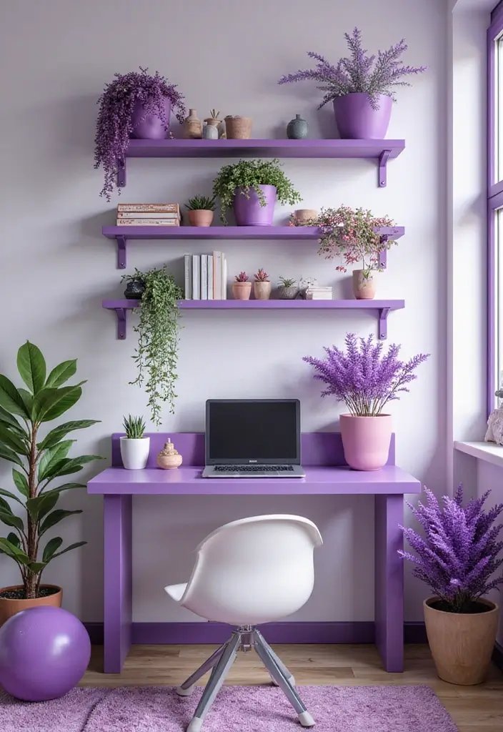 30 Purple Office Ideas for a Bold Creative Workspace - 10. Purple Plants for a Touch of Nature