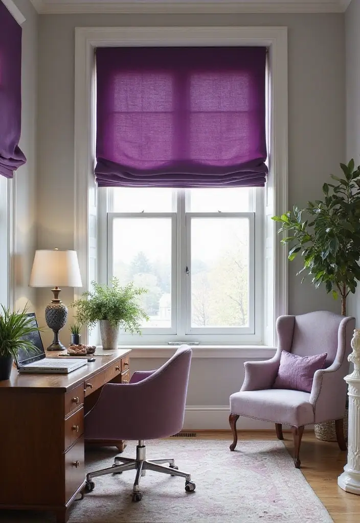 30 Purple Office Ideas for a Bold Creative Workspace - 11. Purple Window Treatments