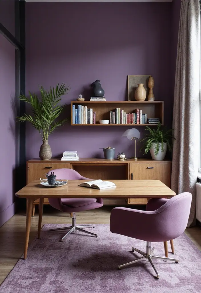 30 Purple Office Ideas for a Bold Creative Workspace - 14. Mixed Material Decor
