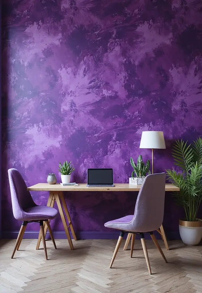 30 Purple Office Ideas for a Bold Creative Workspace - 15. Statement Purple Wallpaper