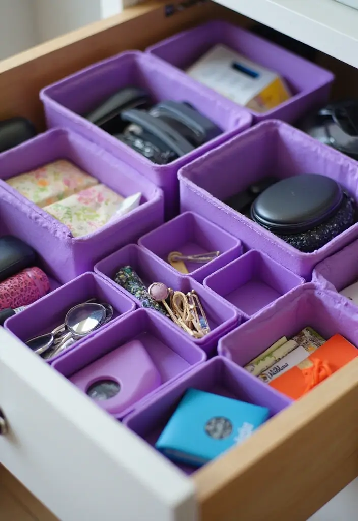 30 Purple Office Ideas for a Bold Creative Workspace - 16. Purple Drawer Organizers