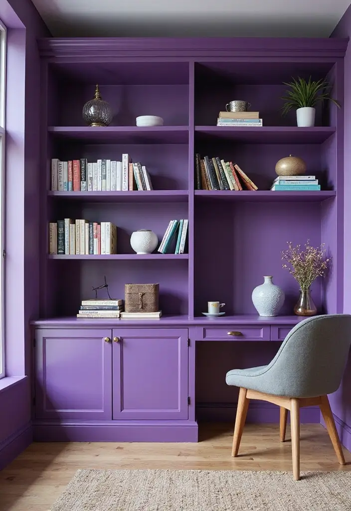 30 Purple Office Ideas for a Bold Creative Workspace - 19. Purple Bookshelves