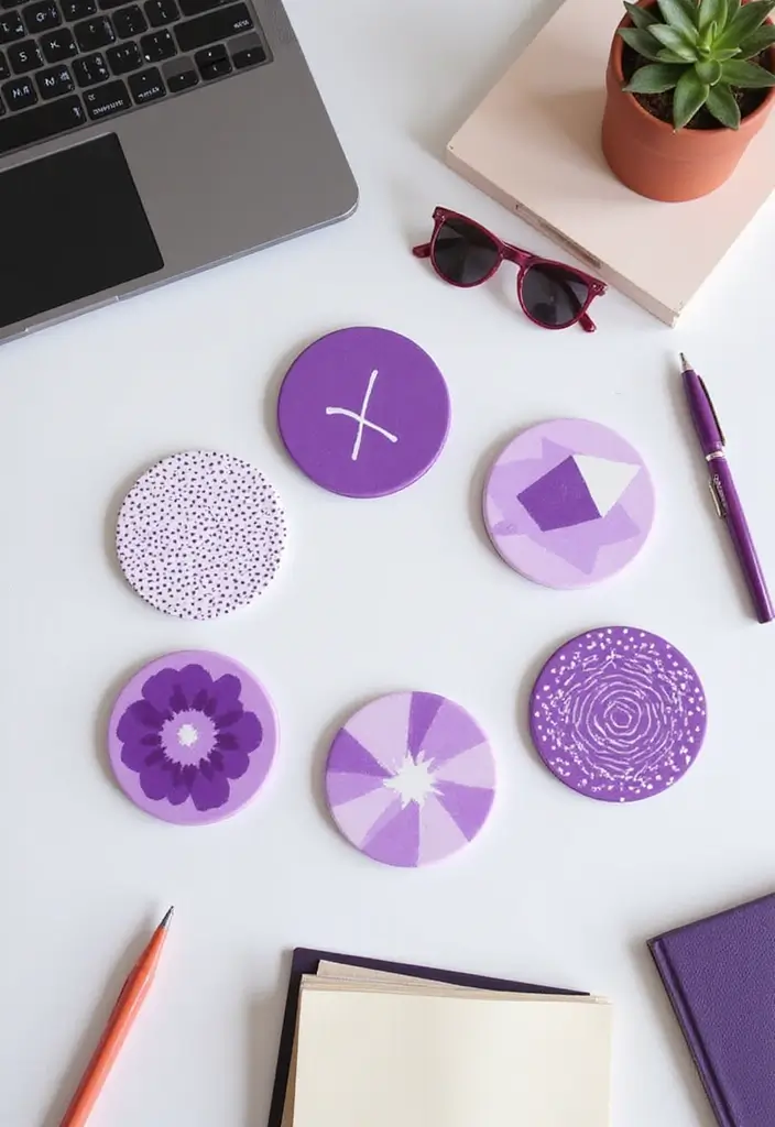 30 Purple Office Ideas for a Bold Creative Workspace - 26. Purple Themed Coasters