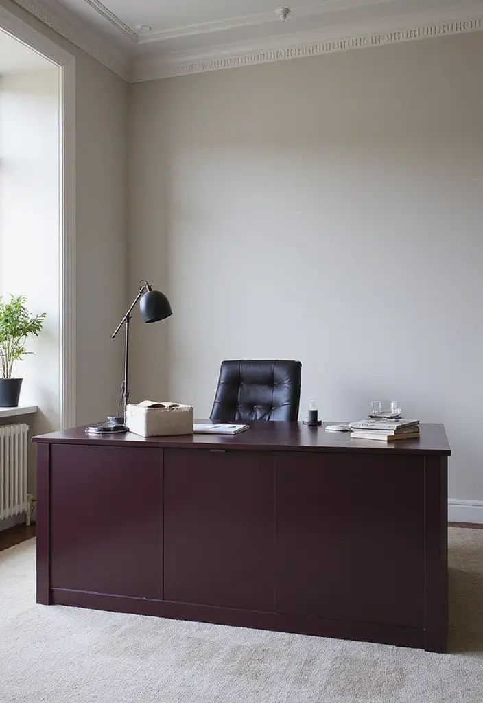 30 Purple Office Ideas for a Bold Creative Workspace - 3. Dark Plum Desk for a Luxurious Feel