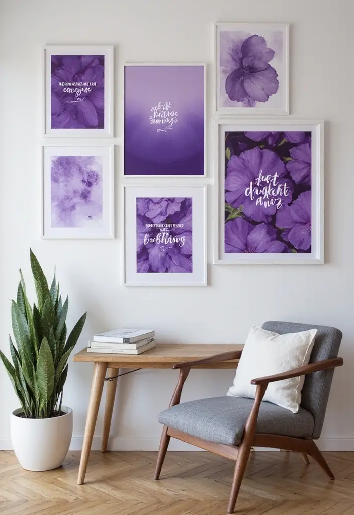 30 Purple Office Ideas for a Bold Creative Workspace - 5. Purple Inspirational Wall Art