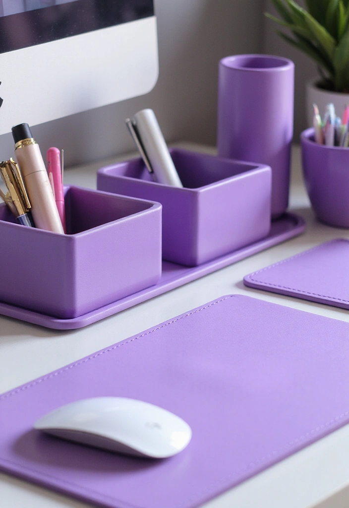 30 Purple Office Ideas for a Bold Creative Workspace - 6. Purple Desk Accessories
