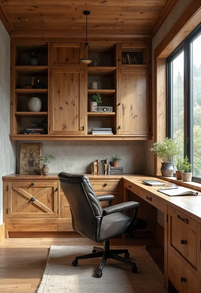 30 Rustic Home Office Ideas for Warm - 27. Rustic Cabinetry