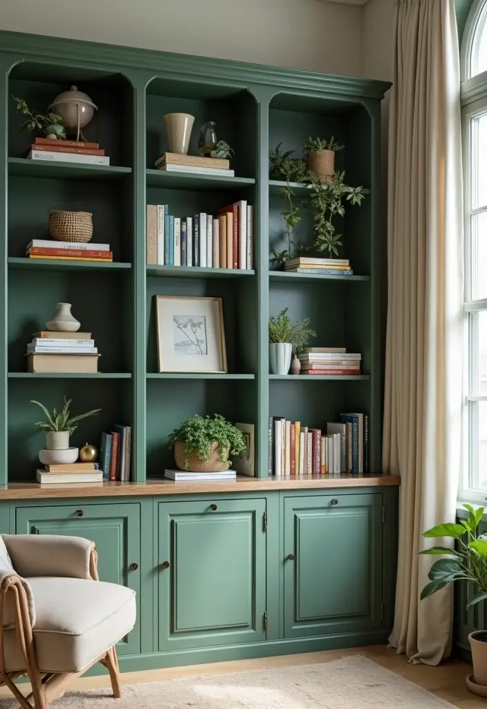 30 Sage Green Office Ideas for a Calm Aesthetic Workspace - 11. Sage Green Bookshelves