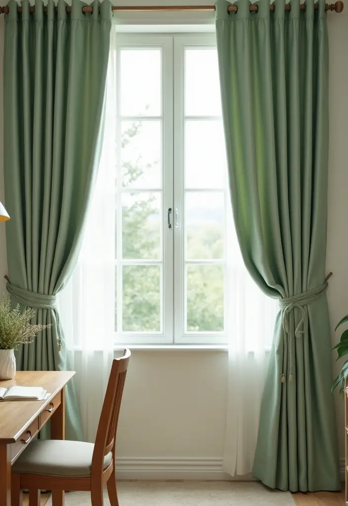 30 Sage Green Office Ideas for a Calm Aesthetic Workspace - 13. Sage Green Curtains