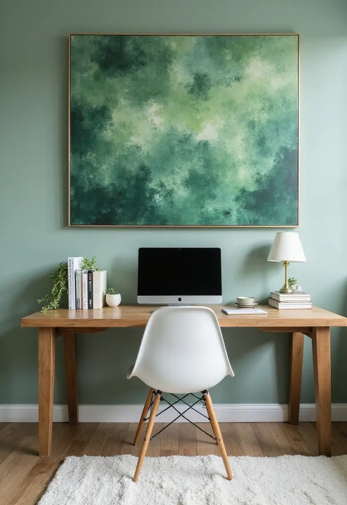 30 Sage Green Office Ideas for a Calm Aesthetic Workspace - 25. Sage Green Wall Art
