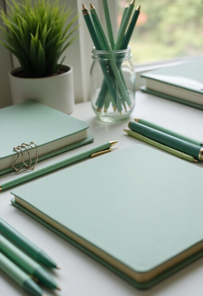 30 Sage Green Office Ideas for a Calm Aesthetic Workspace - 26. Sage Green Writing Tools