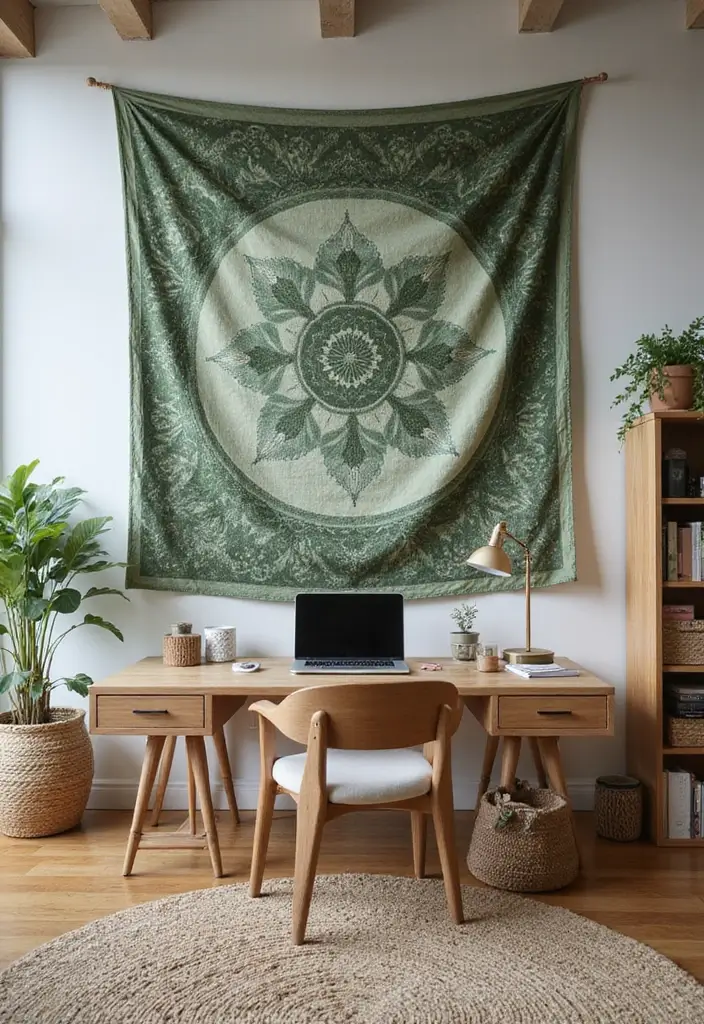 30 Sage Green Office Ideas for a Calm Aesthetic Workspace - 27. Sage Green Tapestry