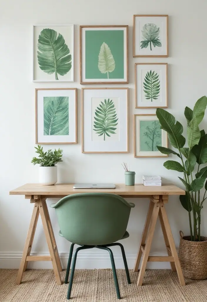 30 Sage Green Office Ideas for a Calm Aesthetic Workspace - 7. Eclectic Sage Green Art Pieces