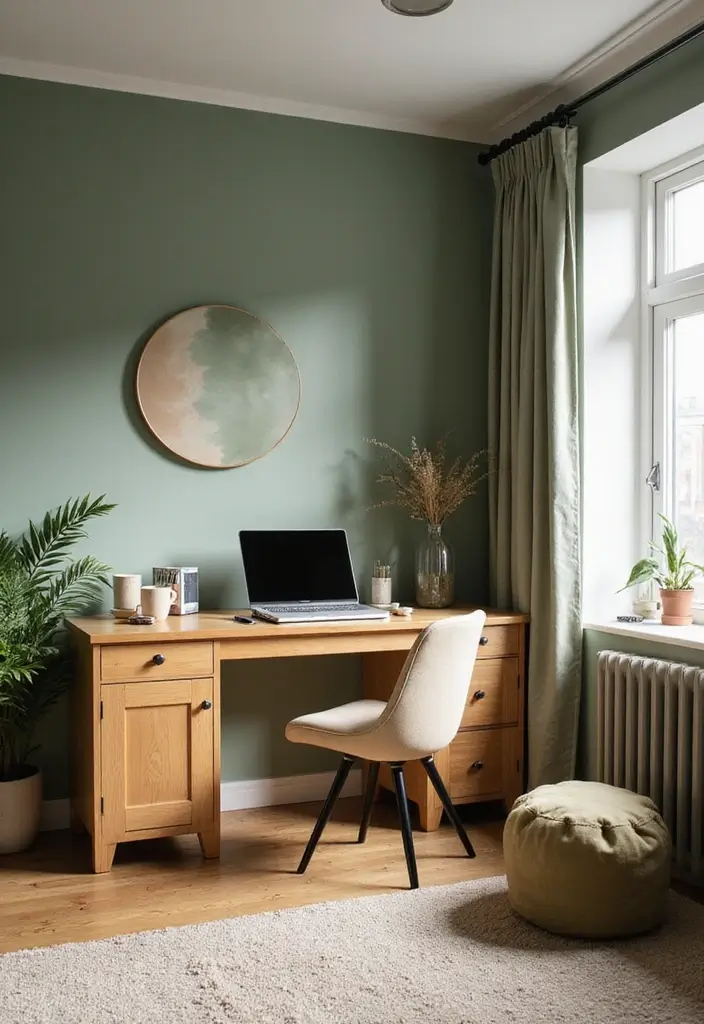 30 Sage Green Office Ideas for a Calm Aesthetic Workspace - 8. Natural Wood and Sage Green Combo