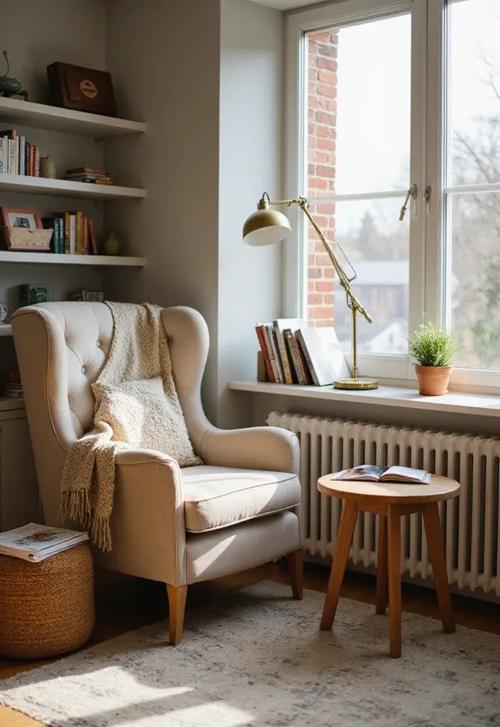 30 Shabby Chic Office Ideas with Soft Neutrals + Vintage Details - 20. Cozy Reading Corner