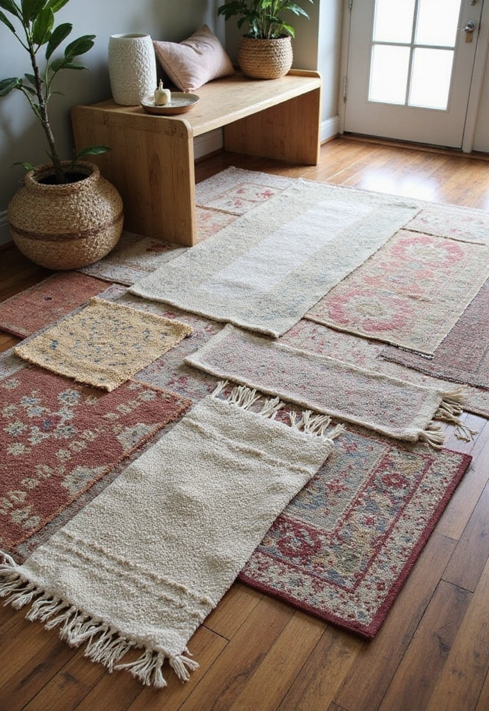 30 Shabby Chic Office Ideas with Soft Neutrals + Vintage Details - 26. Layered Rugs