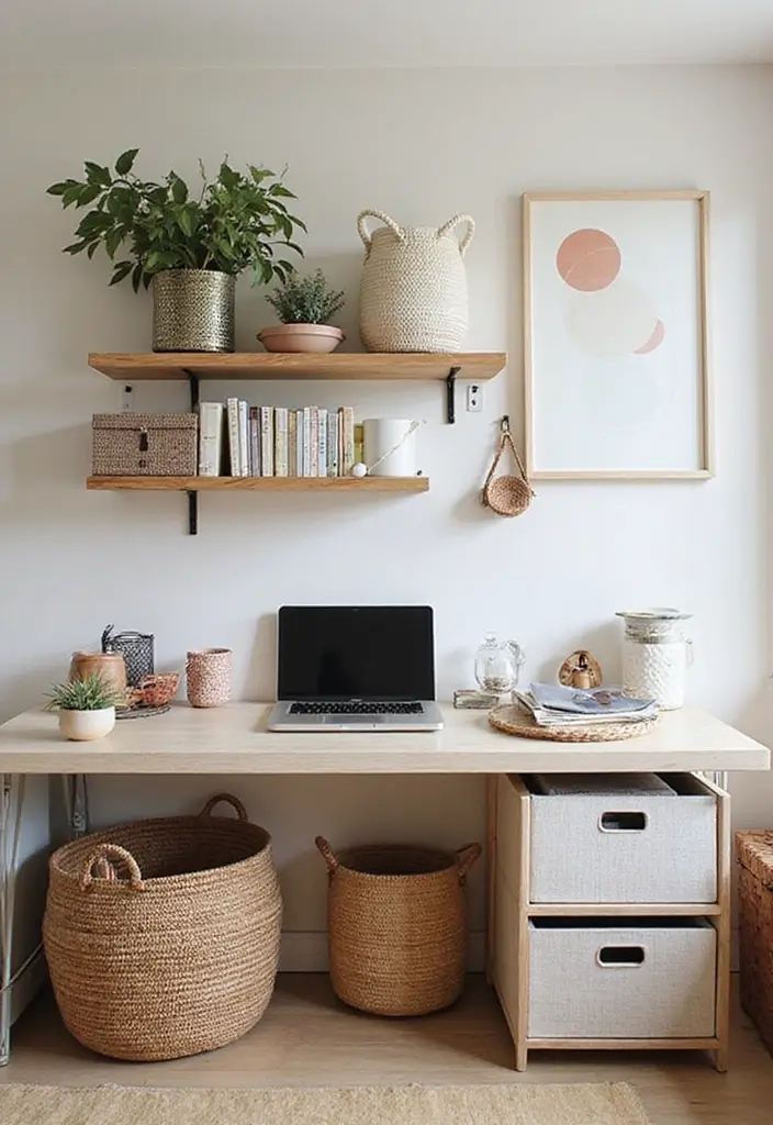 30 Studio Office Ideas for Creatives Who Need Work + Storage in One - 17. Utilize Baskets and Bins