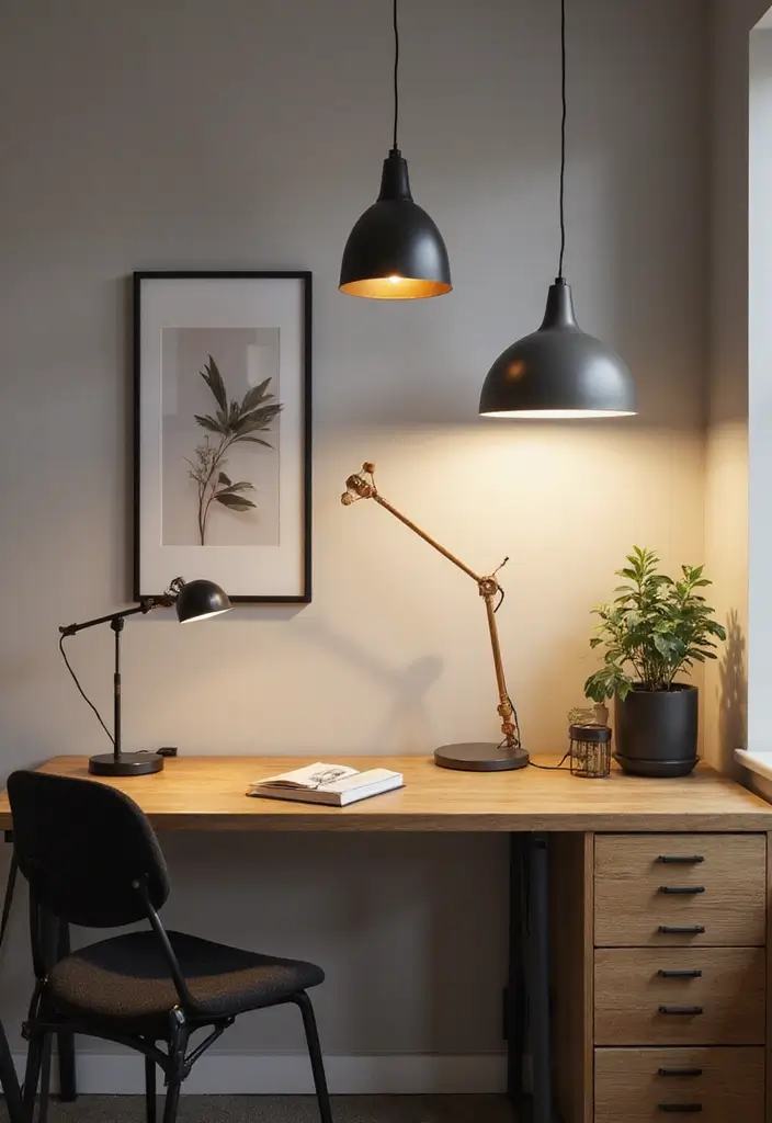 30 Studio Office Ideas for Creatives Who Need Work + Storage in One - 19. Use Creative Lighting Fixtures