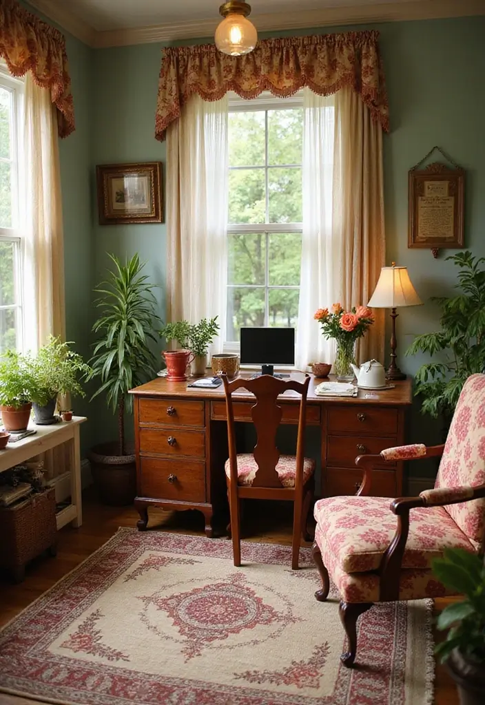 30 Sunroom Office Setups That Feel Like a Mini Vacation - 11. Vintage Charm Home Office