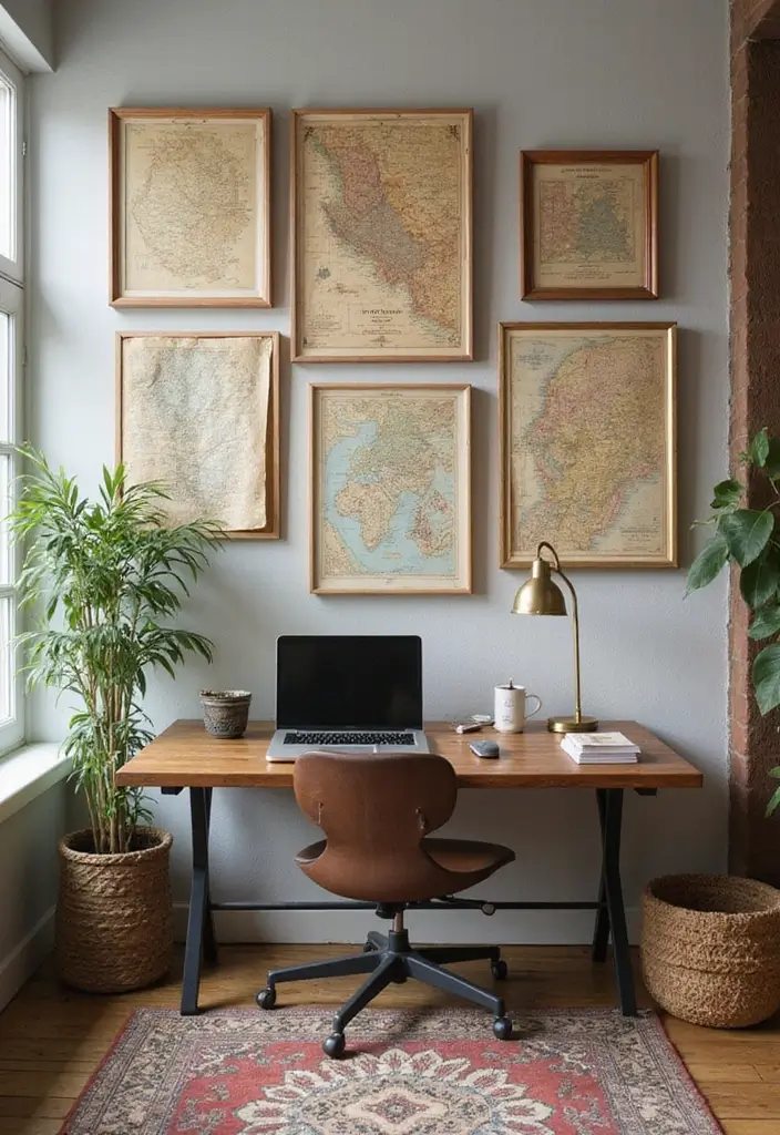 30 Vintage Office Ideas with Antique: Embrace Library-Core Vibes - 12. Old Maps as Decor