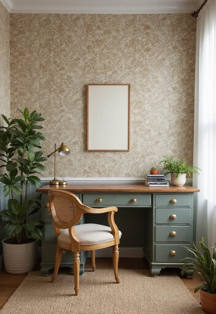 30 Vintage Office Ideas with Antique: Embrace Library-Core Vibes - 21. Vintage-Inspired Wall Treatments