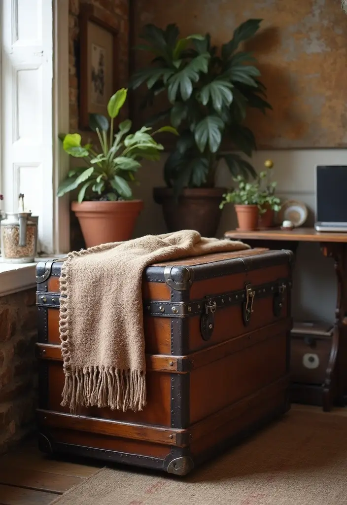 30 Vintage Office Ideas with Antique: Embrace Library-Core Vibes - 22. Antique Trunks for Storage