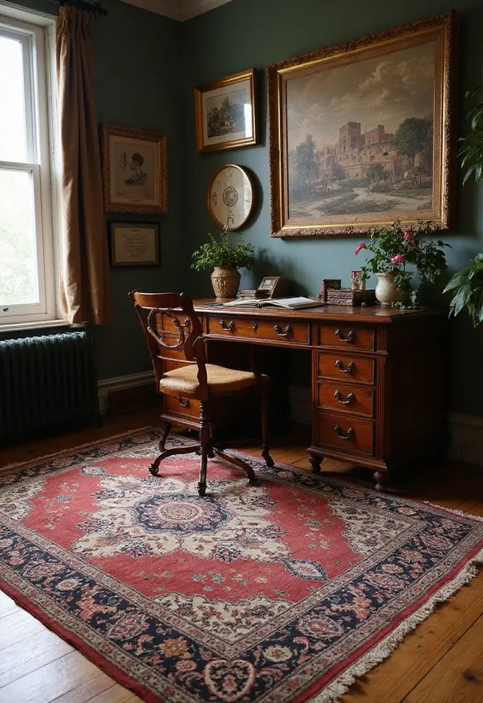 30 Vintage Office Ideas with Antique: Embrace Library-Core Vibes - 8. Vintage Rugs