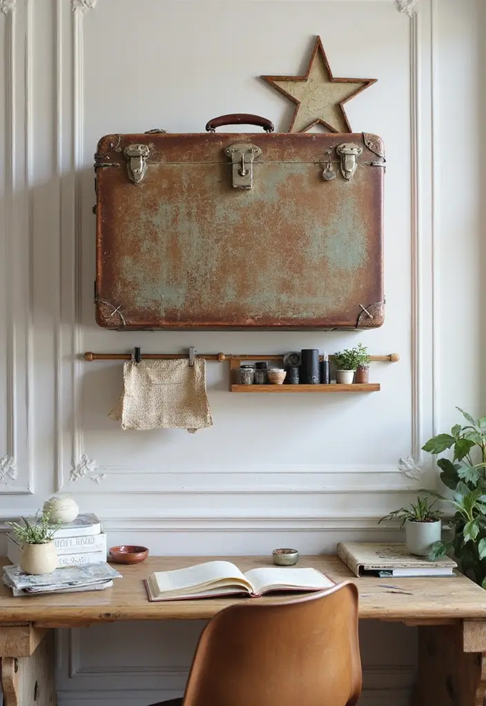 30 Wall Design Ideas for Your Office That Don’t Feel Boring - 14. Upcycled Suitcase Organizer
