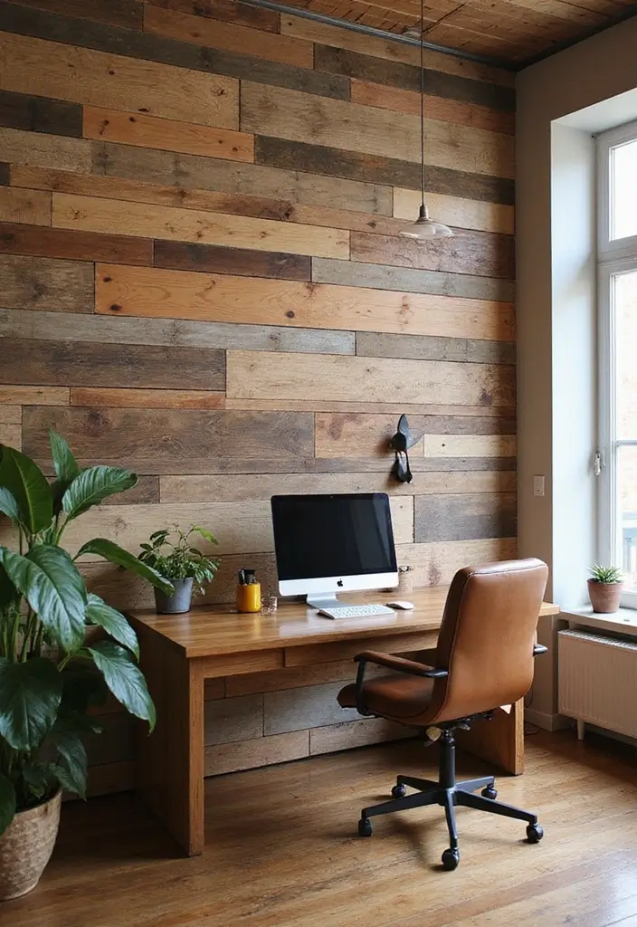 30 Wall Design Ideas for Your Office That Don’t Feel Boring - 2. Upcycled Wood Panels