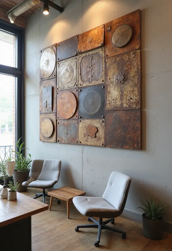 30 Wall Design Ideas for Your Office That Don’t Feel Boring - 28. Reclaimed Metal Art