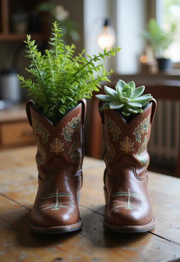 30 Western Office Decor Ideas with Cowboy Boots - 1. Cowboy Boot Planters