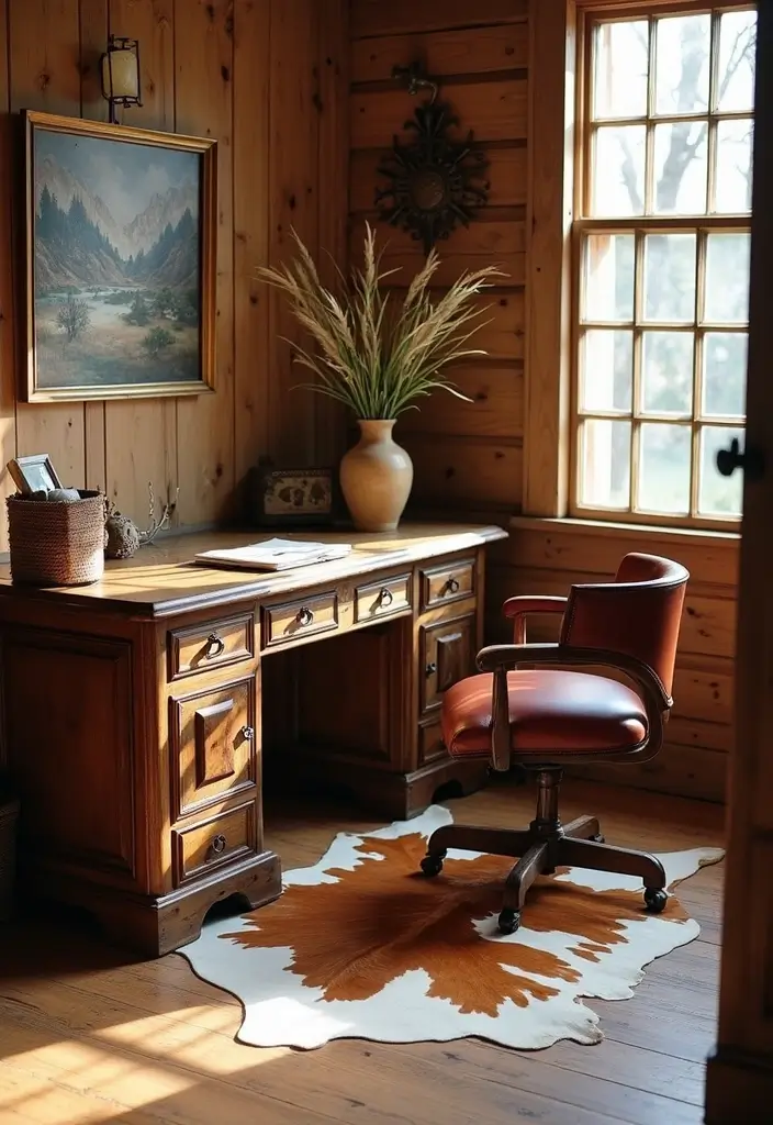30 Western Office Decor Ideas with Cowboy Boots - 11. Cowhide Throw Rug