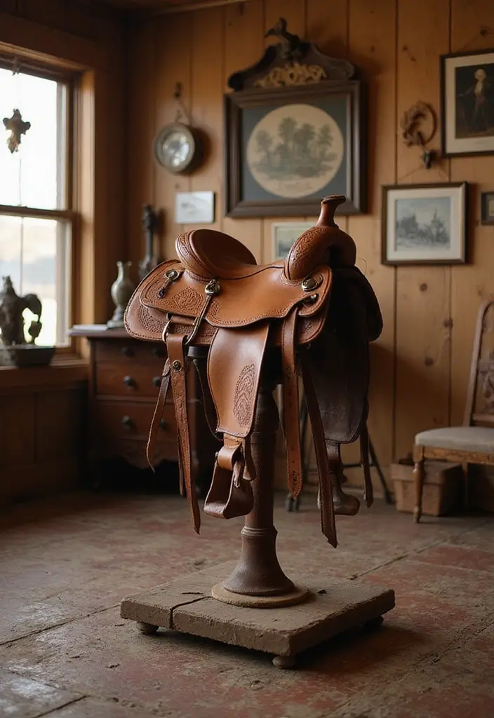 30 Western Office Decor Ideas with Cowboy Boots - 17. Old Saddle as Decor