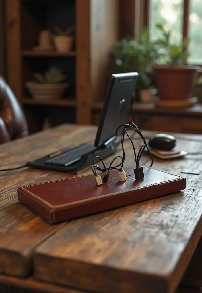 30 Western Office Decor Ideas with Cowboy Boots - 18. Leather Cable Management