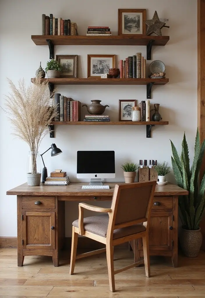 30 Western Office Decor Ideas with Cowboy Boots - 28. Rustic Wall Shelves