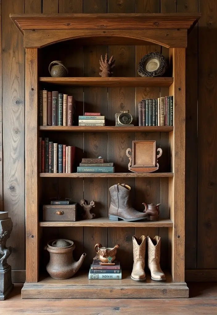 30 Western Office Decor Ideas with Cowboy Boots - 3. Rustic Bookshelves
