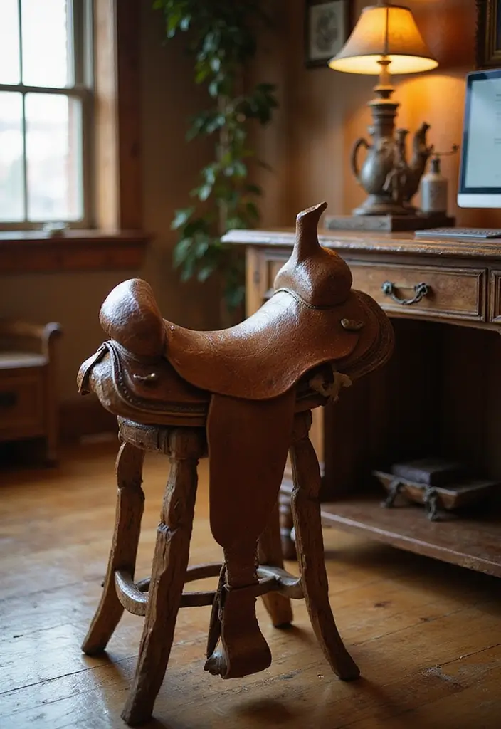 30 Western Office Decor Ideas with Cowboy Boots - 6. Horse Saddle Stool