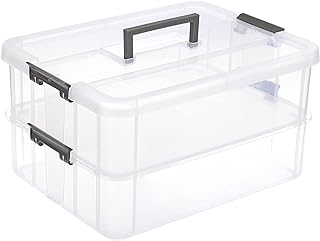 JUXYES 2-Tiers Stack Carry Storage Box With Handle, Transparent Stackabl...
