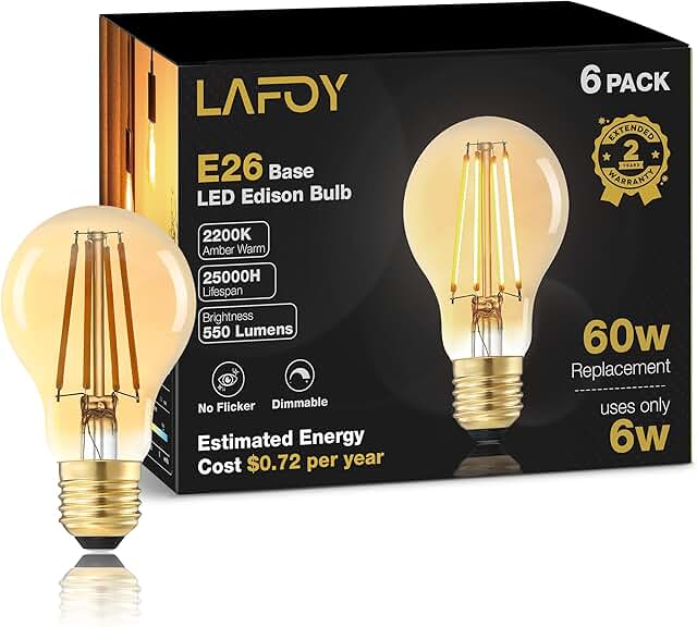 Lafoy A19 E26 Amber Light Bulbs 2200K Soft Warm, Vintage LED Edison Bulb...