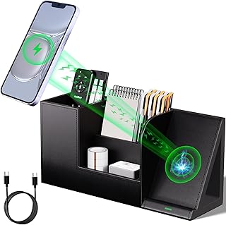 Pen Organizer with Phone Stand,Black Vegan Leather Desk Organizers with ...