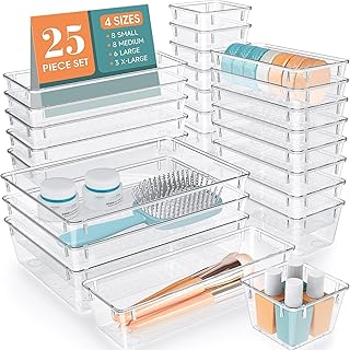 WOWBOX 25 PCS Clear Plastic Drawer Organizer Set, 4 Sizes Desk Drawer Di...