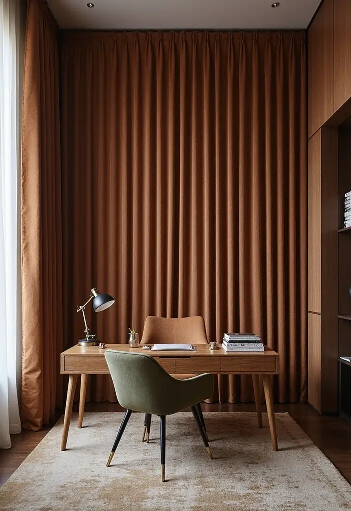 12 Office Curtain Ideas That Add Privacy & Style - 5. Faux Suede Drapes 1