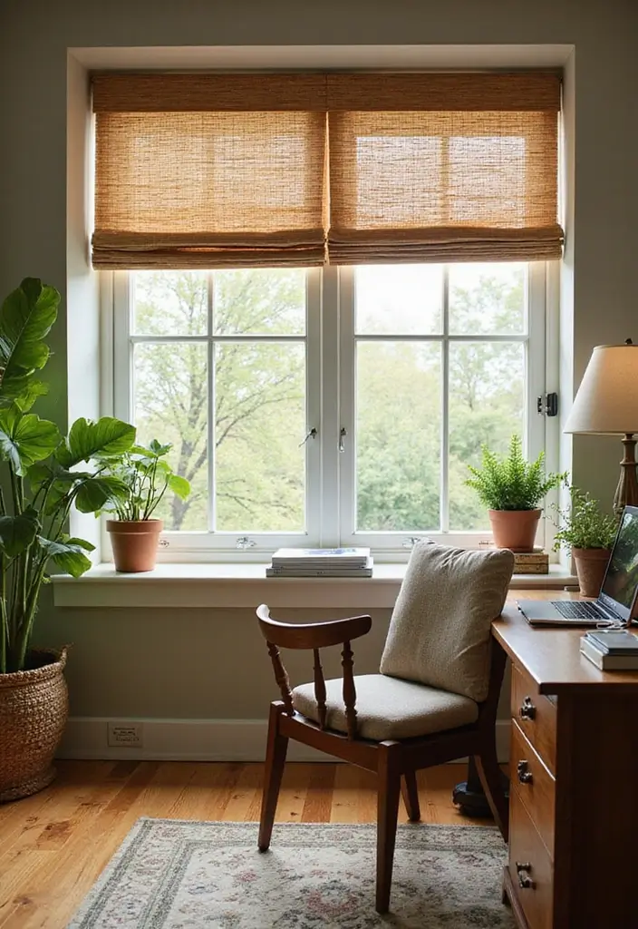 12 Office Curtain Ideas That Add Privacy & Style - 7. Natural Fiber Shades 1