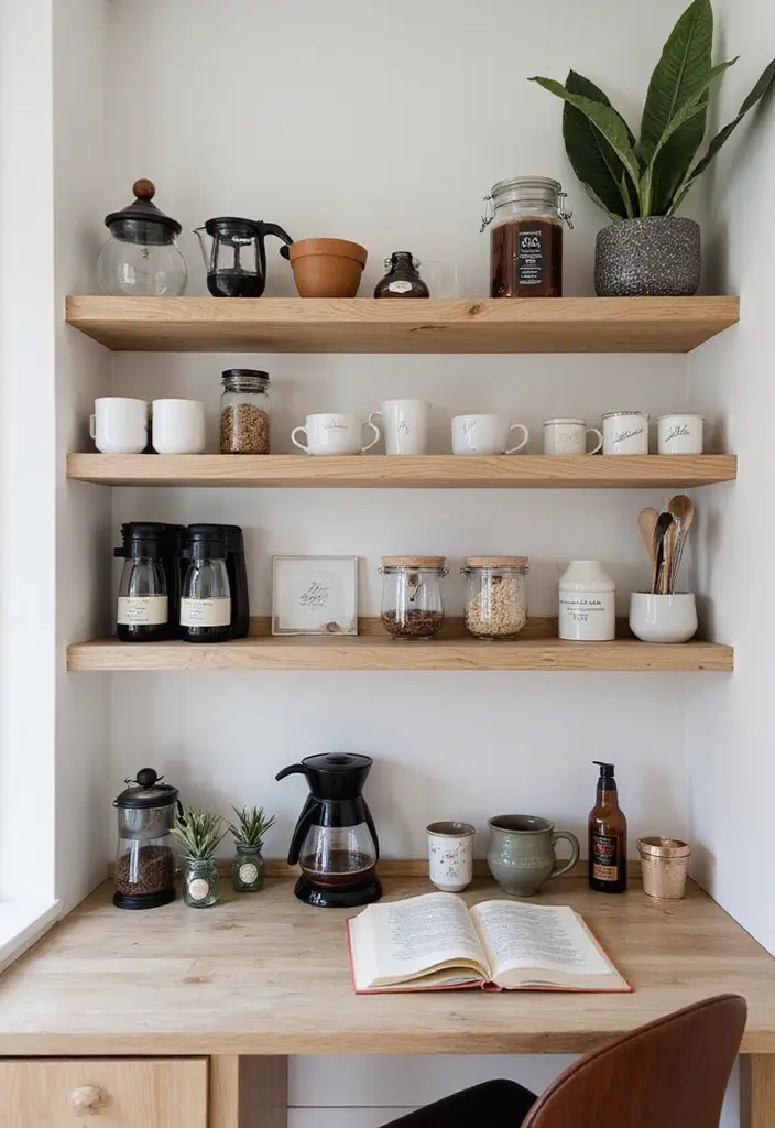 15 Office Coffee Station Ideas for Caffeine Lovers - 11. Functional Open Shelving 1