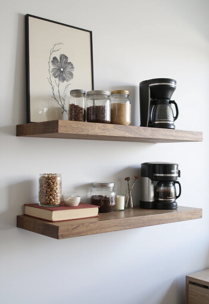 15 Office Coffee Station Ideas for Caffeine Lovers - 5. Floating Shelf Coffee Display 1