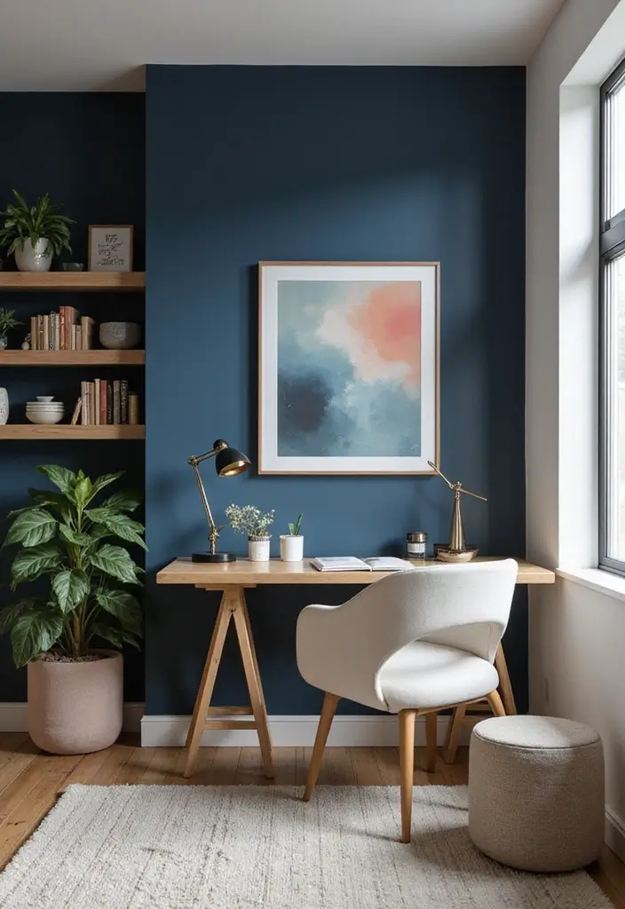18 Dark Blue Office Ideas That Feel Sophisticated - 1. Navy Blue Accent Wall 1