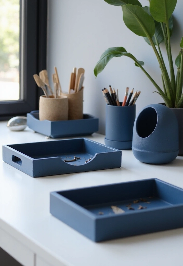 18 Dark Blue Office Ideas That Feel Sophisticated - 11. Dark Blue Desk Organization 1