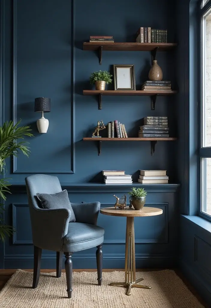 18 Dark Blue Office Ideas That Feel Sophisticated - 13. Deep Blue Wall Shelves 1