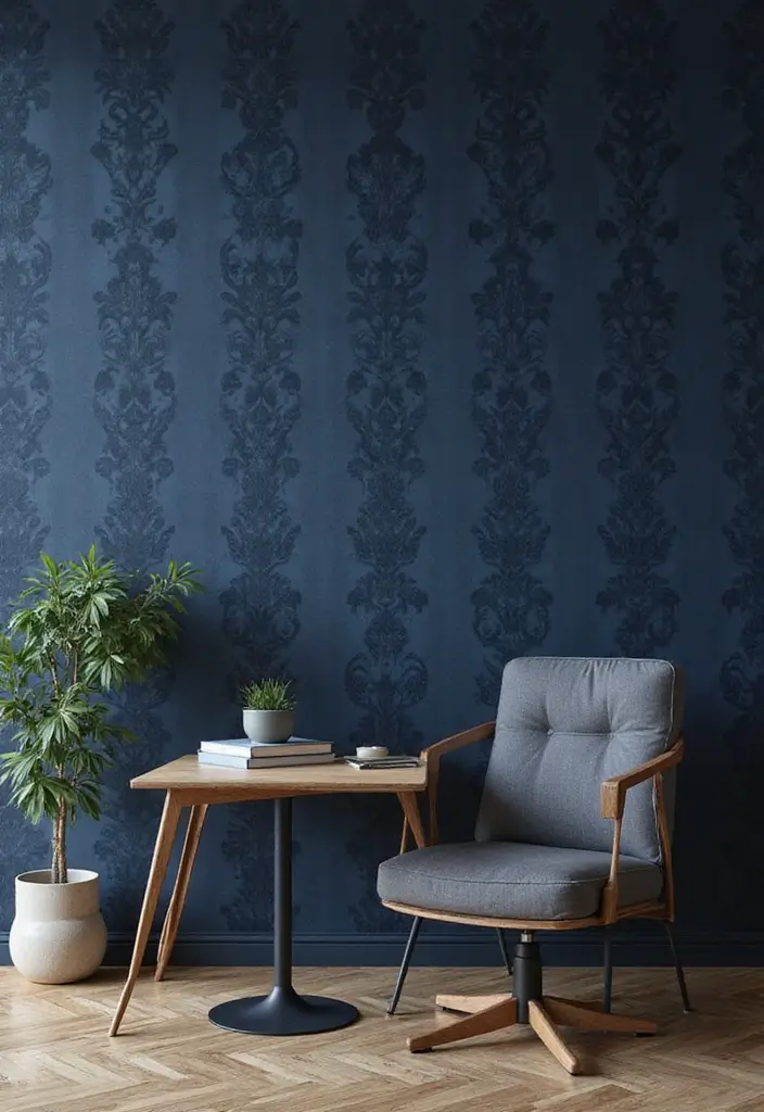 18 Dark Blue Office Ideas That Feel Sophisticated - 15. Sophisticated Dark Blue Wallpaper 1
